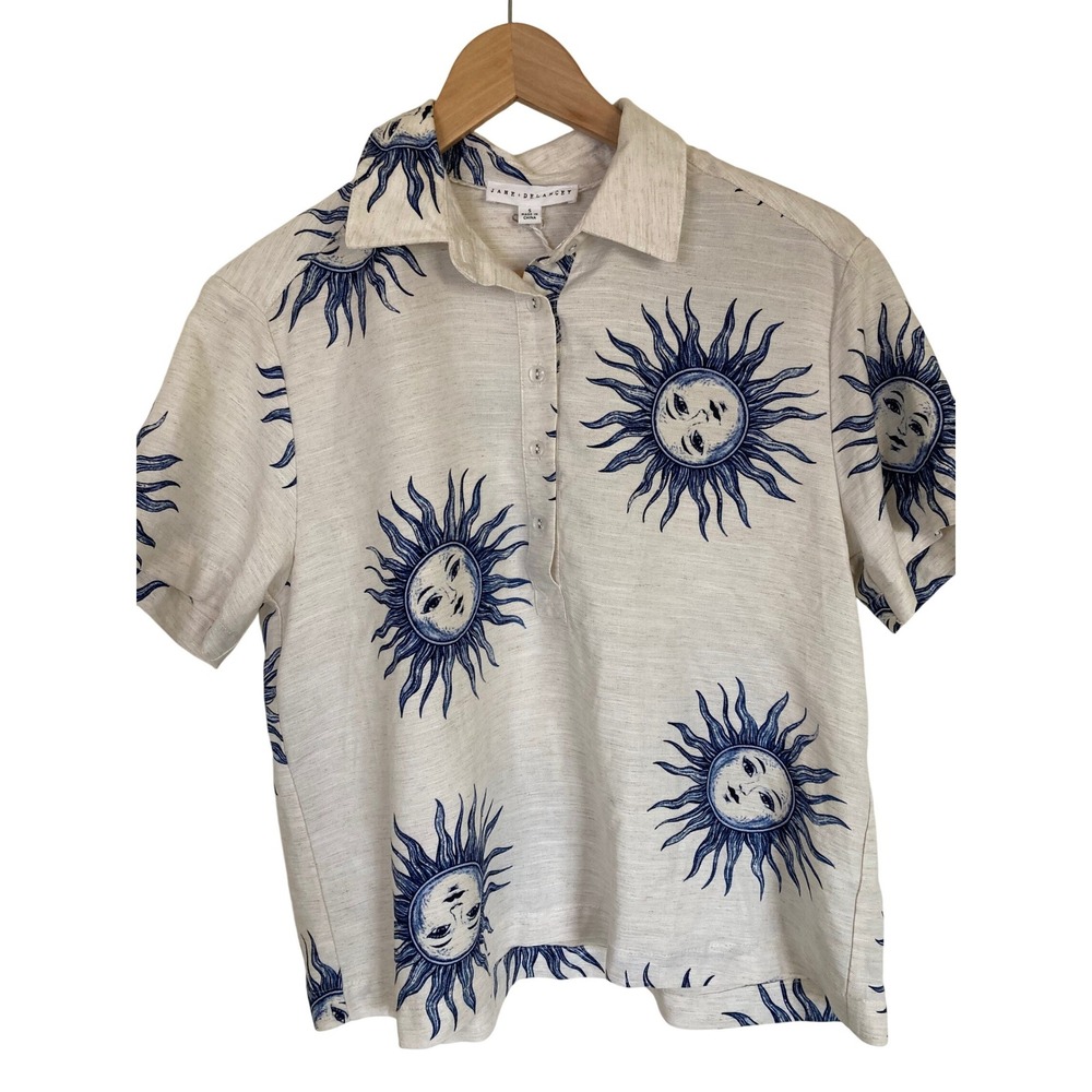 Jane + Delancey Sun Face Celestial Linen Blend Short Sleeve Shirt Womens Small